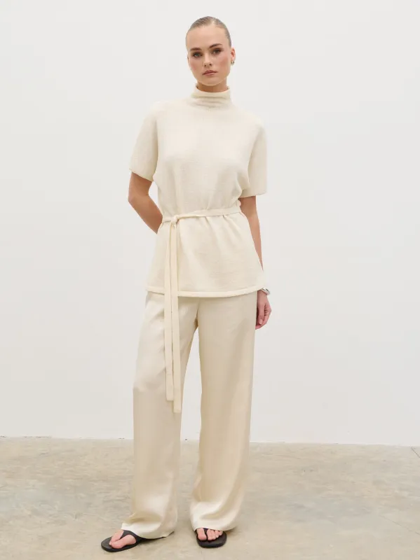 Nava Grown Neck Belted Knit Top - Cream made by Pretty Lavish