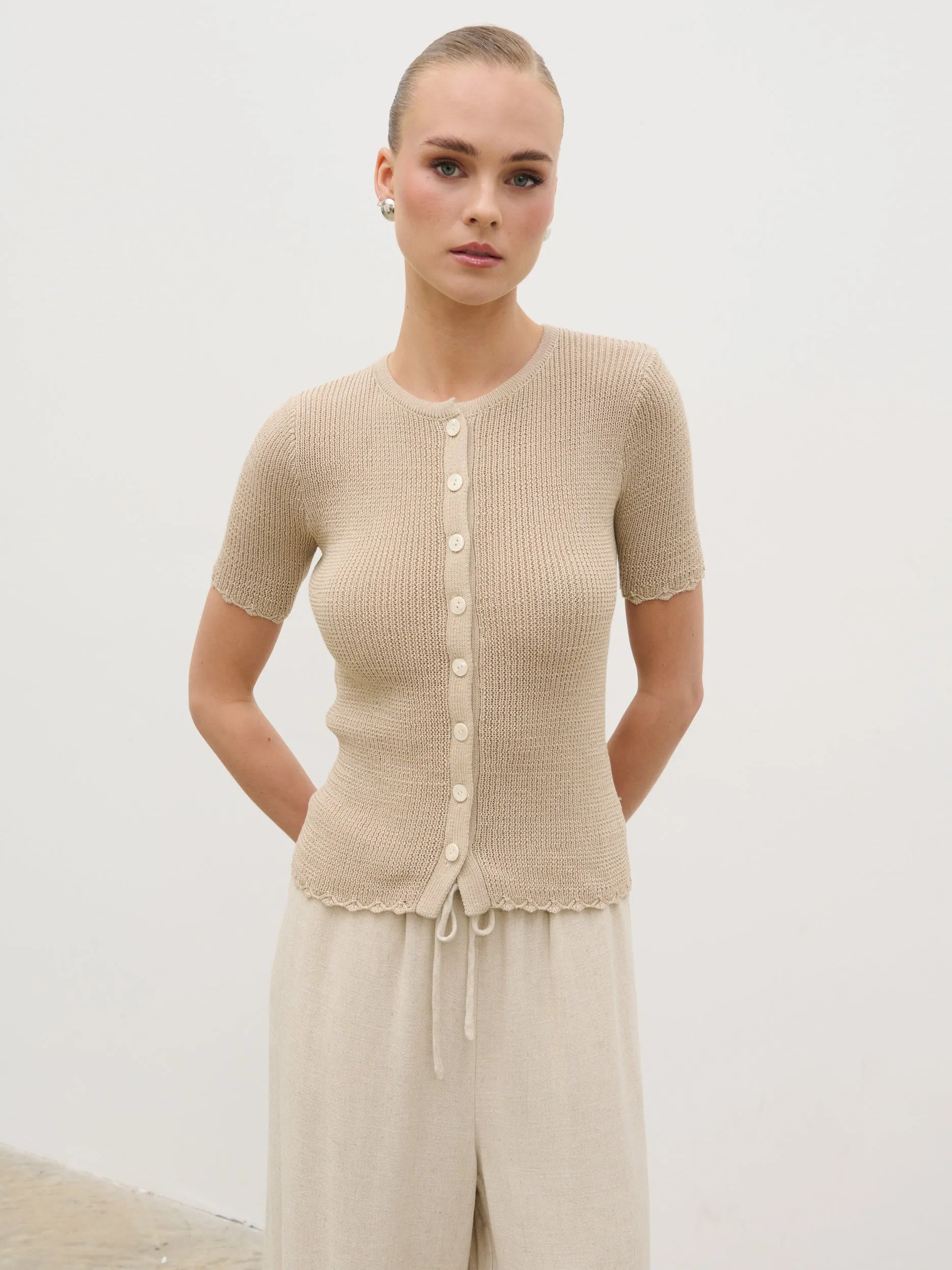 Louna Scallop Detail Cream Knit Button Top - Beige sold by Pretty Lavish product image thumbnail 2