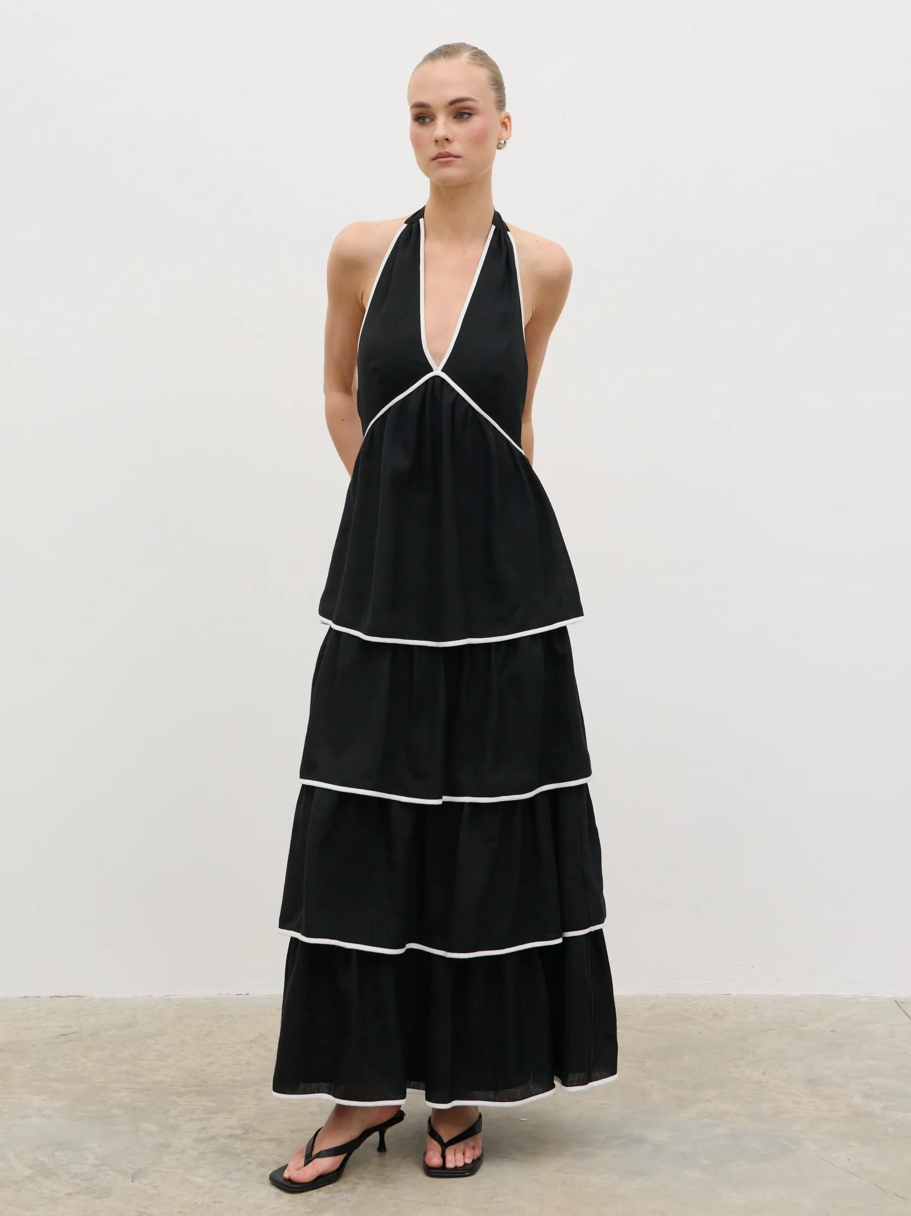 Miri Halterneck Contrast Tiered Midaxi Dress - Black and Cream sold by Pretty Lavish product image thumbnail 2