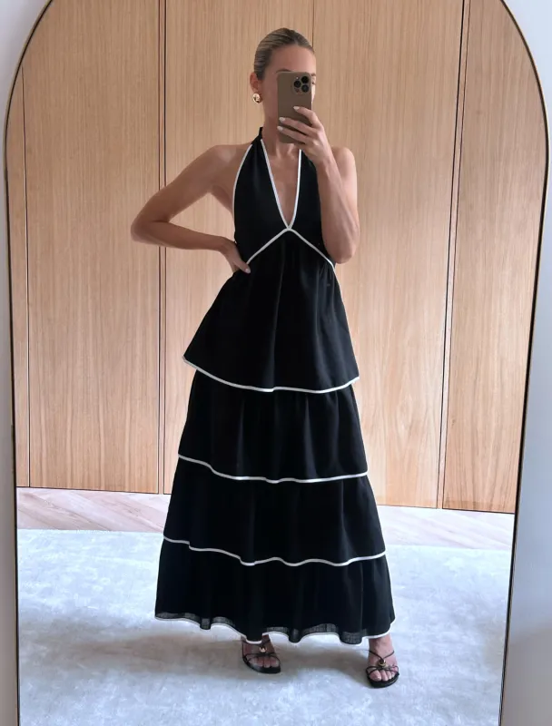 Miri Halterneck Contrast Tiered Midaxi Dress - Black and Cream made by Pretty Lavish