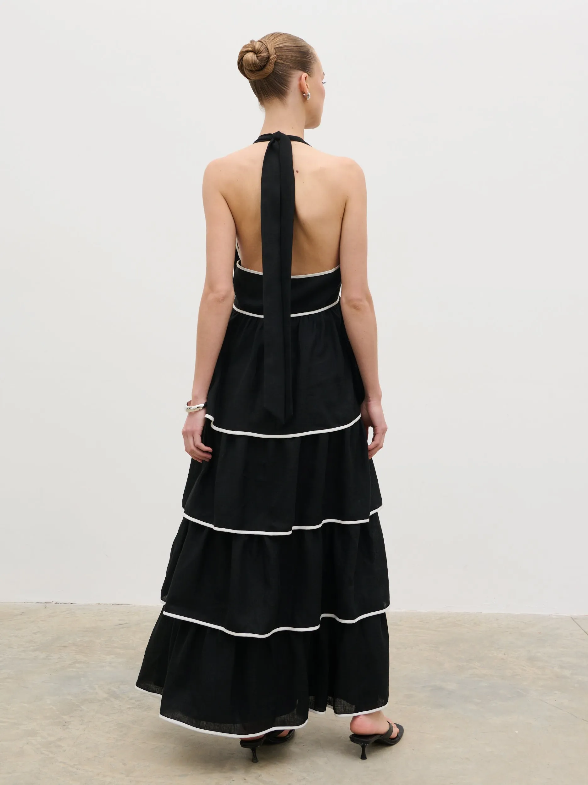Miri Halterneck Contrast Tiered Midaxi Dress - Black and Cream sold by Pretty Lavish product image thumbnail 5