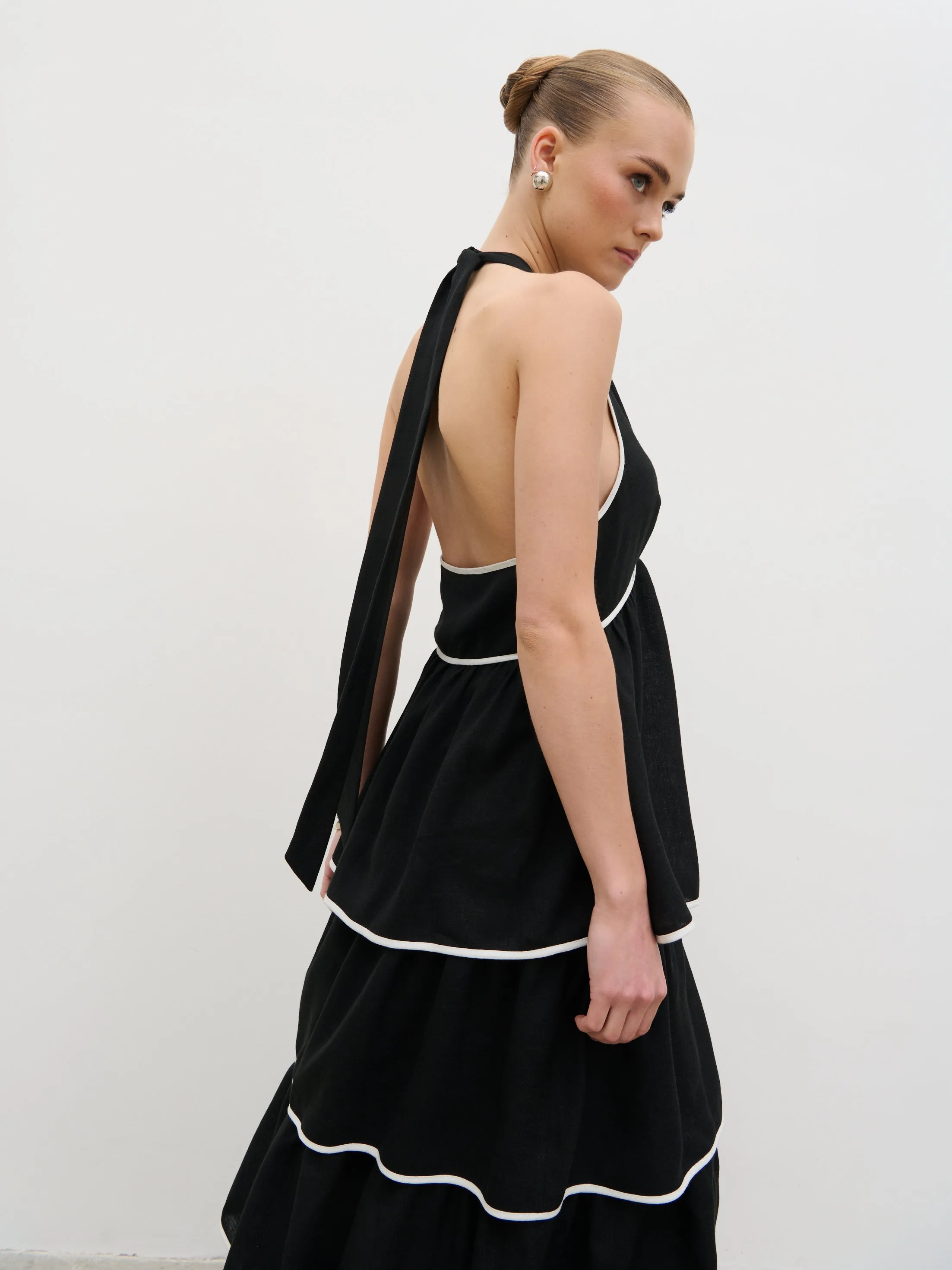 Miri Halterneck Contrast Tiered Midaxi Dress - Black and Cream sold by Pretty Lavish product image thumbnail 3