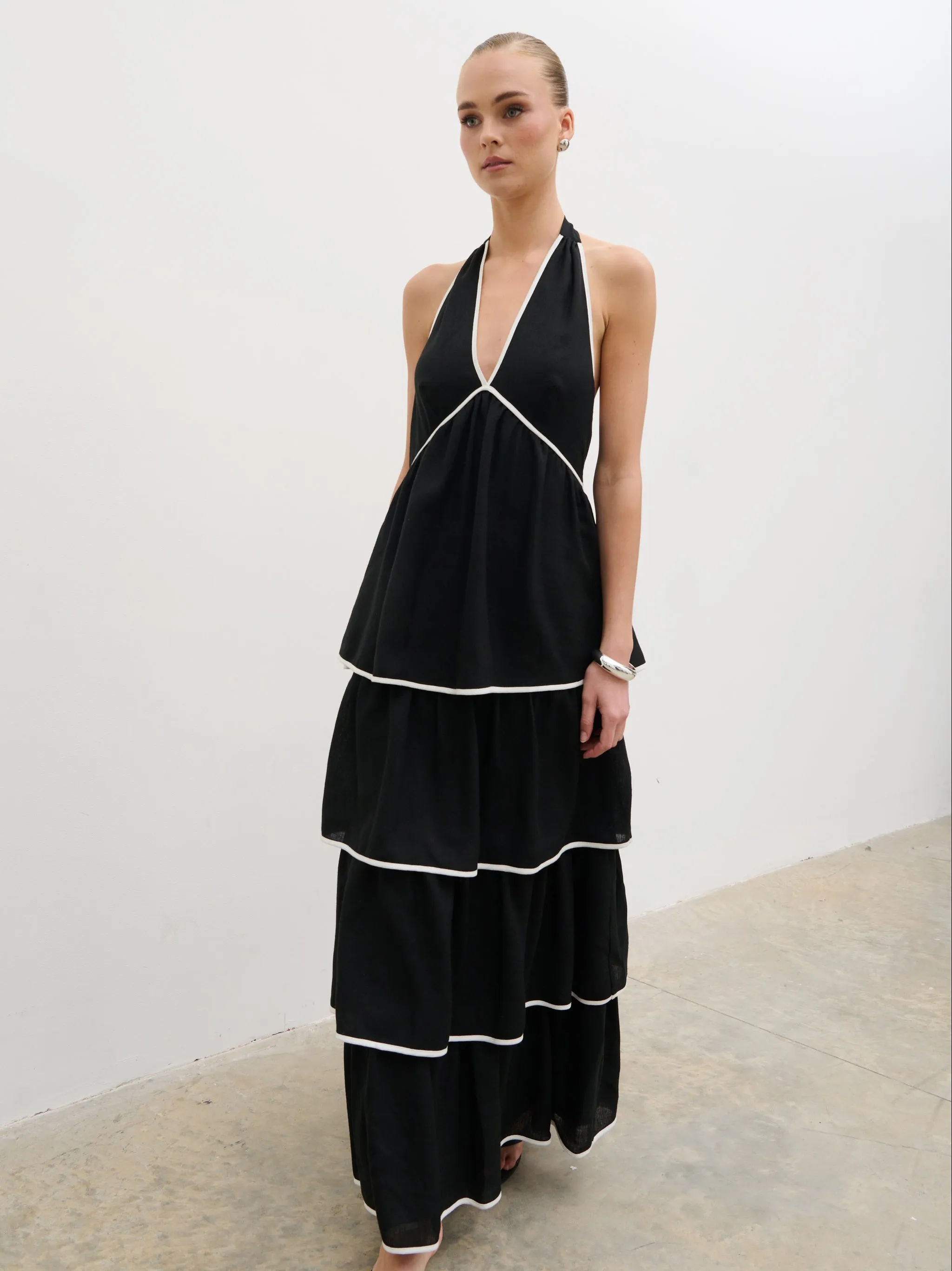 Miri Halterneck Contrast Tiered Midaxi Dress - Black and Cream sold by Pretty Lavish product image thumbnail 4
