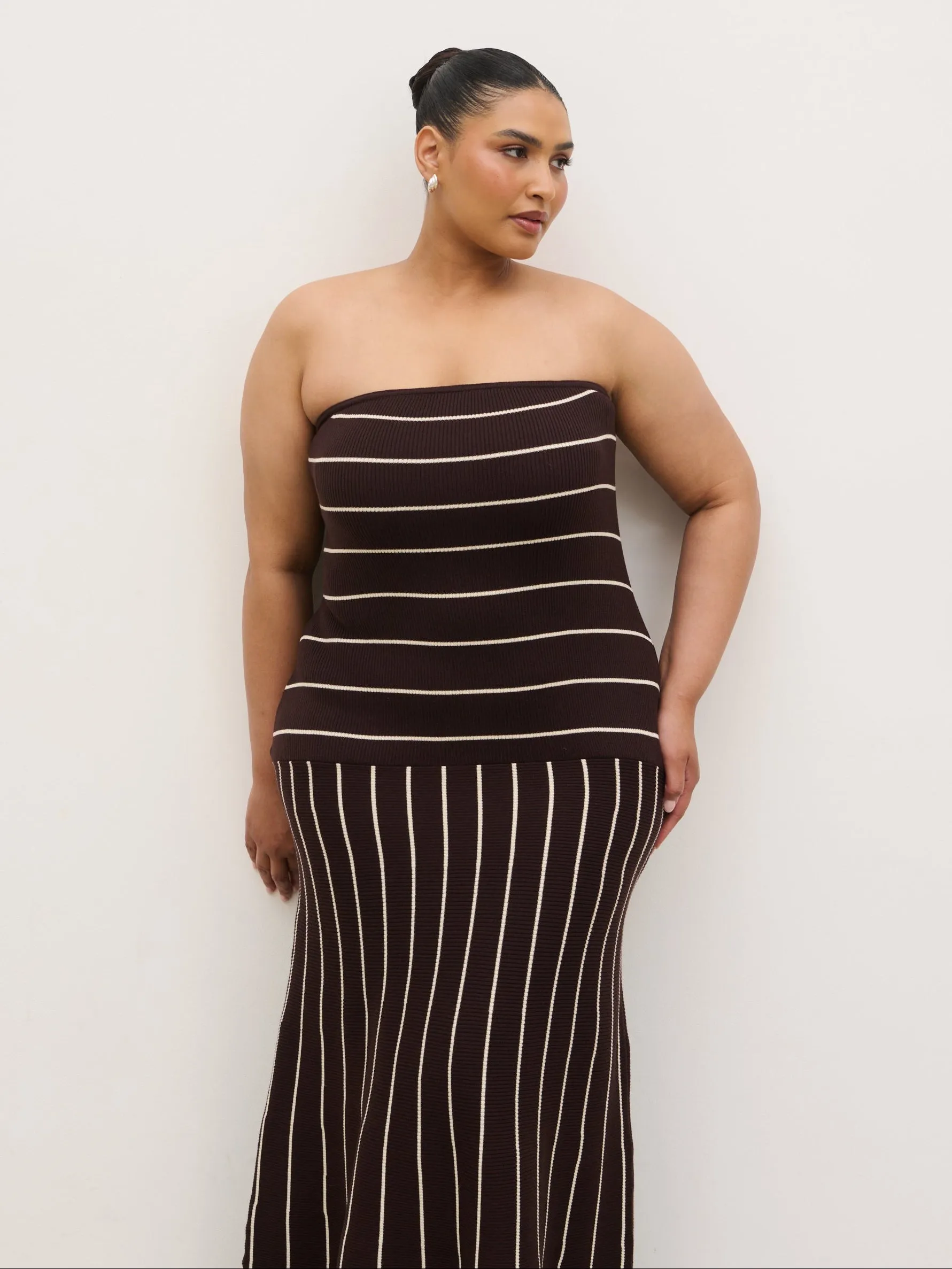 Pixie Bandeau Stripe Knit Long Midaxi Dress Curve - Brown sold by Pretty Lavish product image thumbnail 2