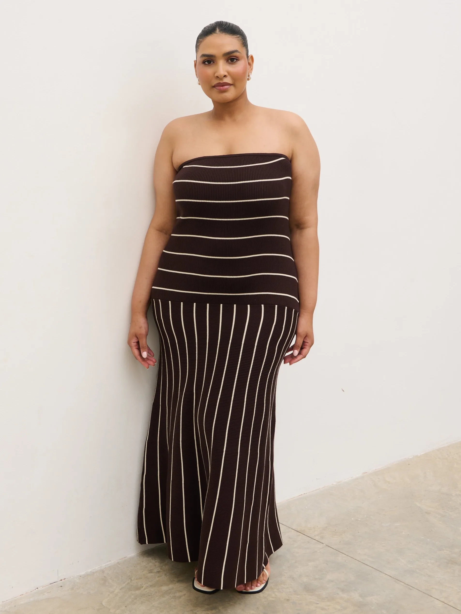 Pixie Bandeau Stripe Knit Long Midaxi Dress Curve - Brown sold by Pretty Lavish