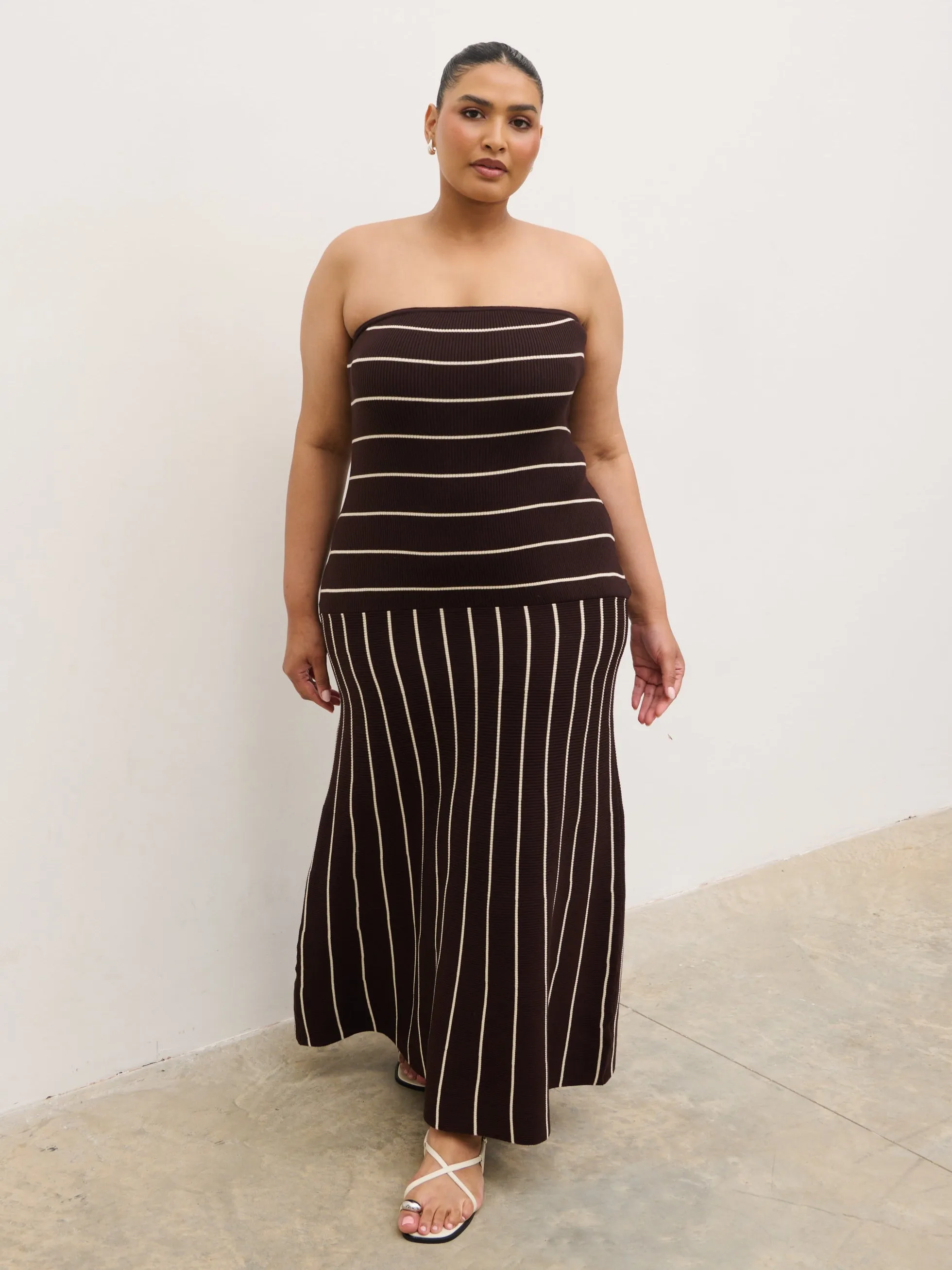 Pixie Bandeau Stripe Knit Long Midaxi Dress Curve - Brown sold by Pretty Lavish product image thumbnail 3