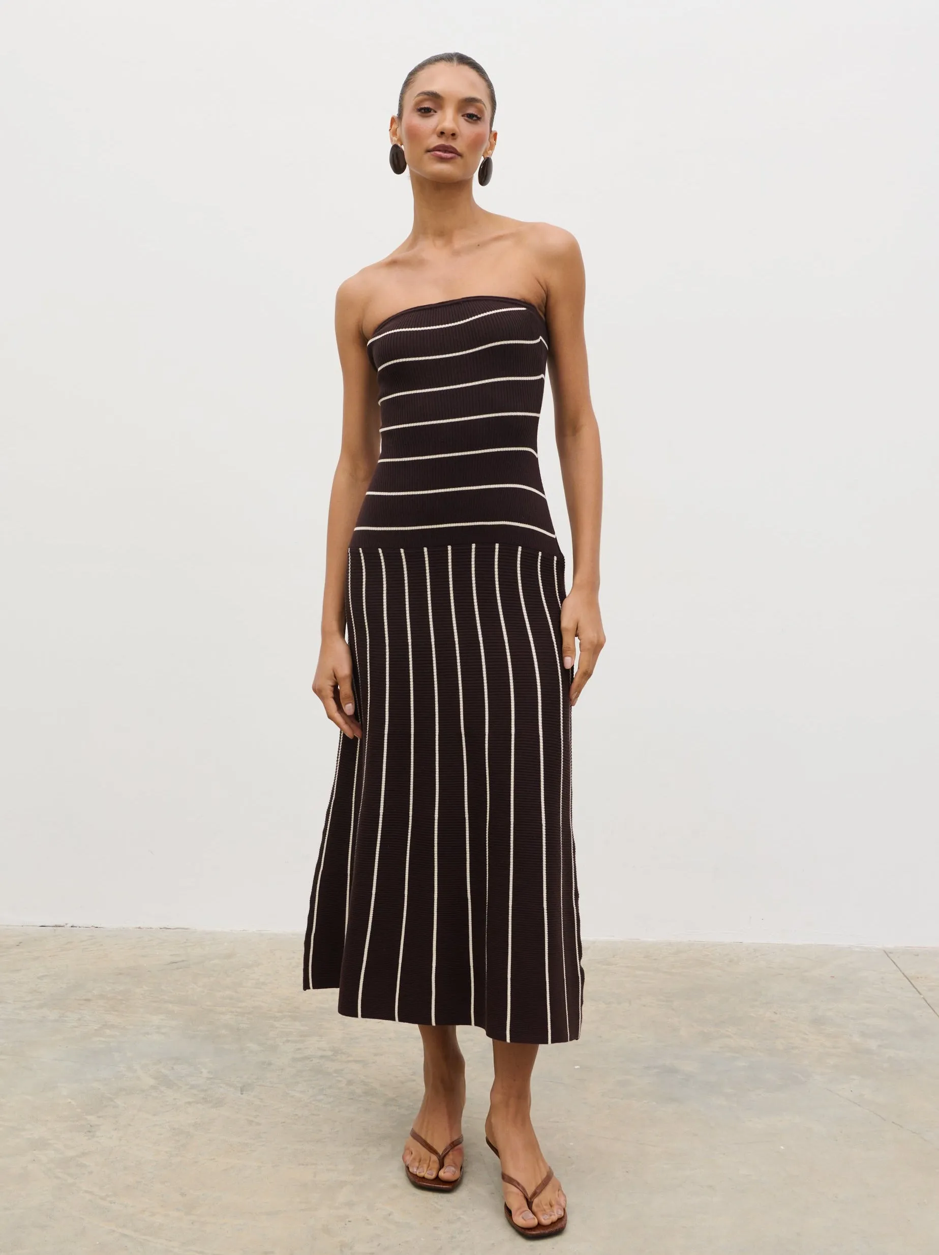 Pixie Bandeau Stripe Knit Long Midaxi Dress - Brown sold by Pretty Lavish