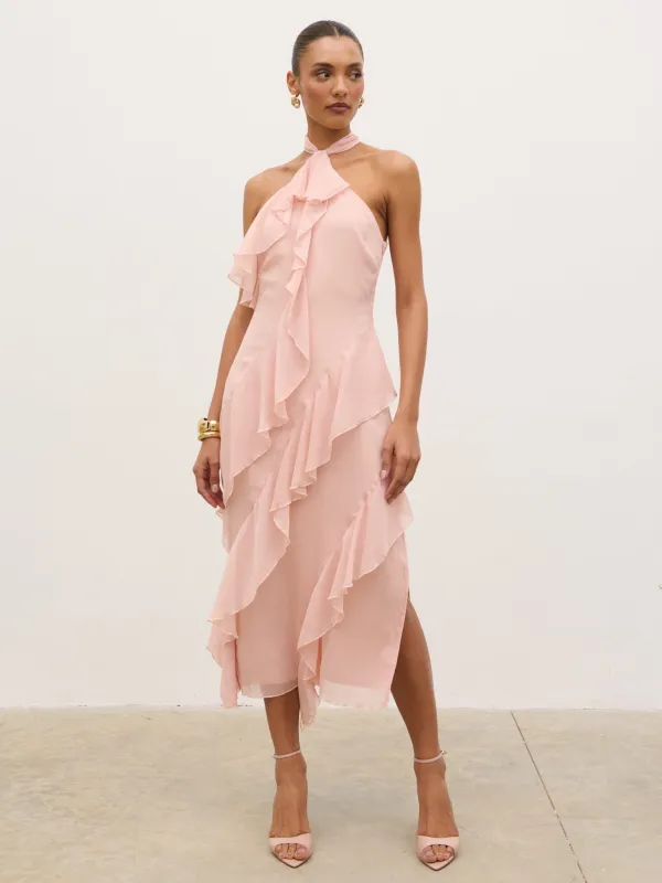 Aria Halterneck Ruffle Midaxi Dress - Dusty Rose made by Pretty Lavish