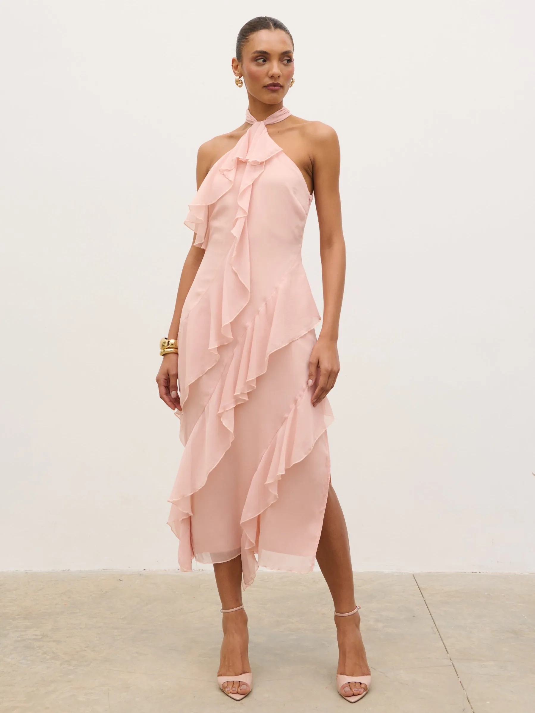 Aria Halterneck Ruffle Midaxi Dress - Dusty Rose sold by Pretty Lavish