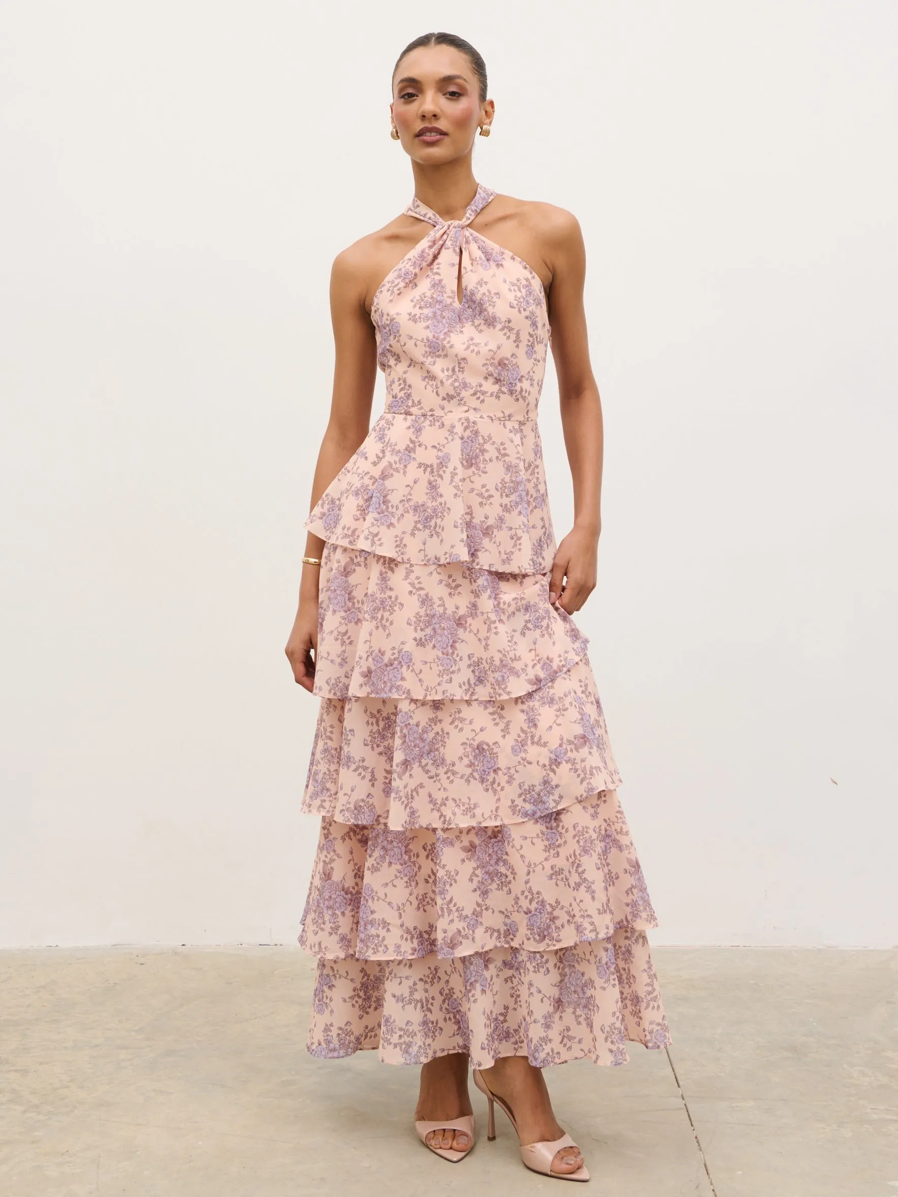 Hester Halterneck Ruffle Maxi Dress - Apricot & Lilac Floral sold by Pretty Lavish product image thumbnail 3