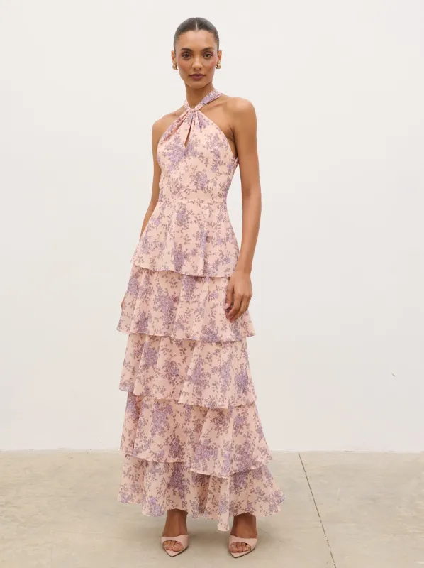 Hester Halterneck Ruffle Maxi Dress - Apricot & Lilac Floral made by Pretty Lavish