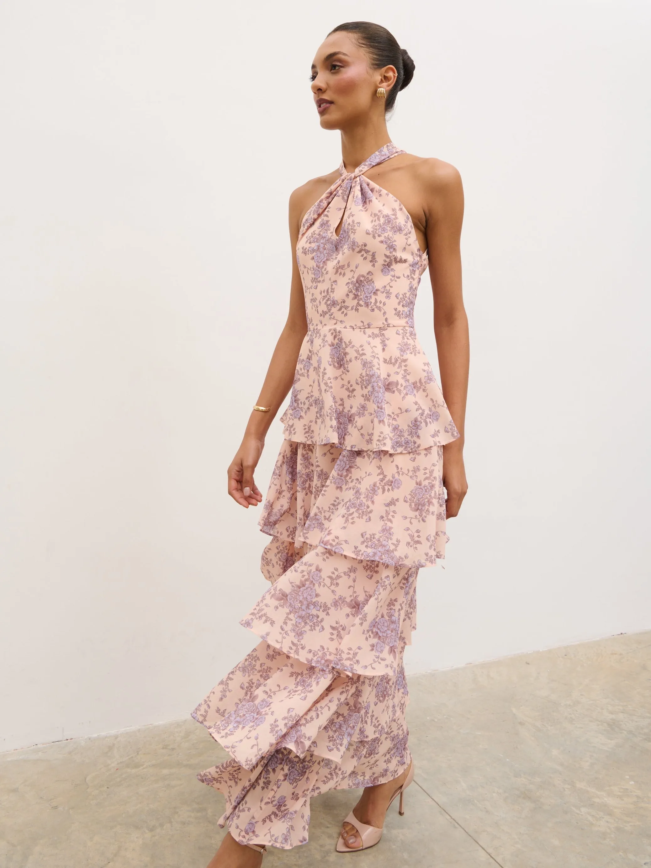 Hester Halterneck Ruffle Maxi Dress - Apricot & Lilac Floral sold by Pretty Lavish product image thumbnail 4