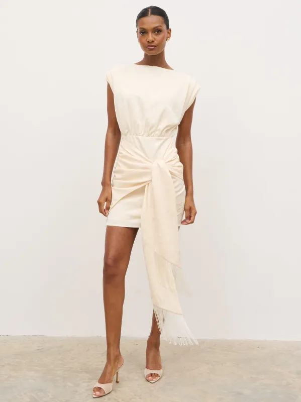 Hattie Jacquard Mini Fringed Dress - Cream made by Pretty Lavish