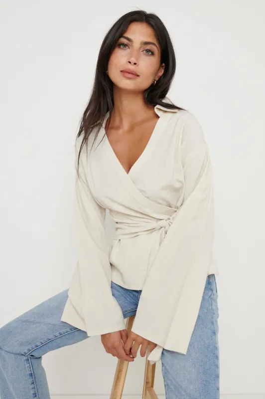 Louis Linen Wrap Blouse - Sand sold by Pretty Lavish