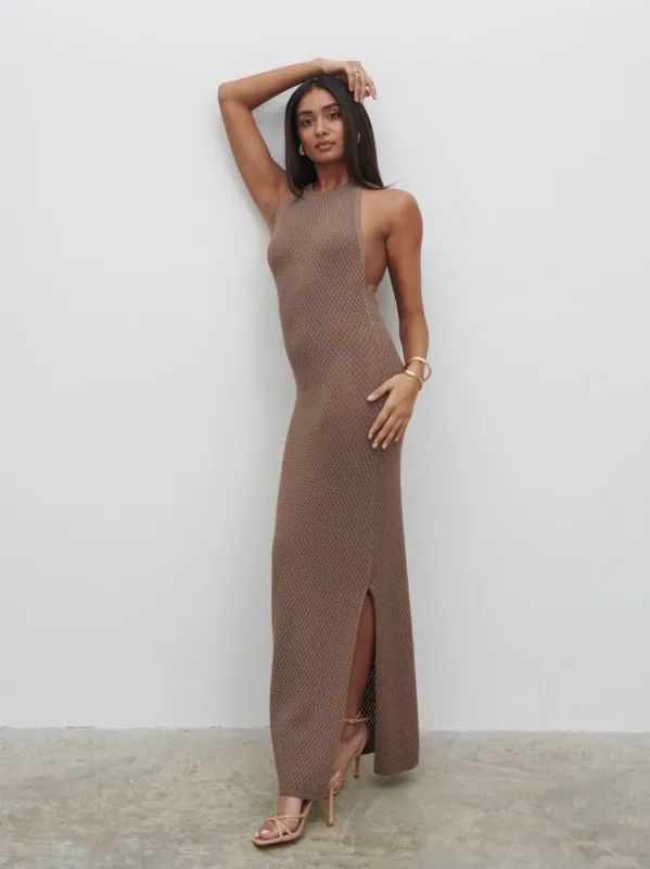 Jenna Halter Neck Knit Midaxi Dress - Brown sold by Pretty Lavish