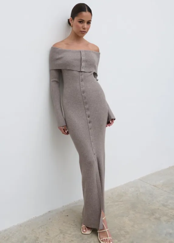 Elora Bardot Knit Maxi Dress - Mink sold by Pretty Lavish