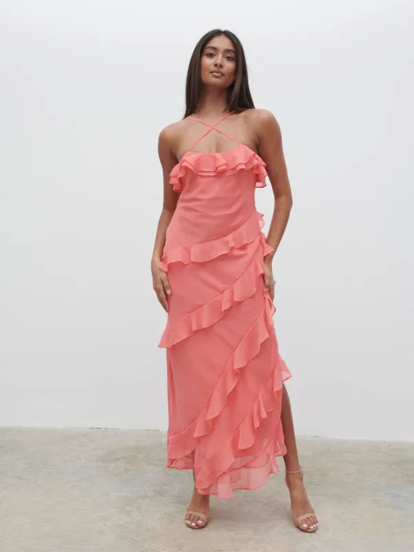 Aryana Ruffle Midaxi Dress - Deep Coral sold by Pretty Lavish