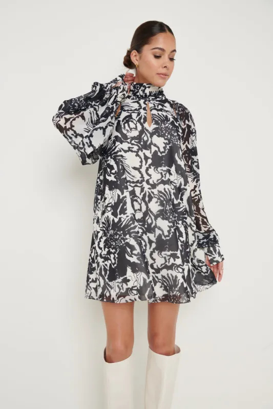 Romy Chiffon Mini Dress - Monochrome Floral Print sold by Pretty Lavish