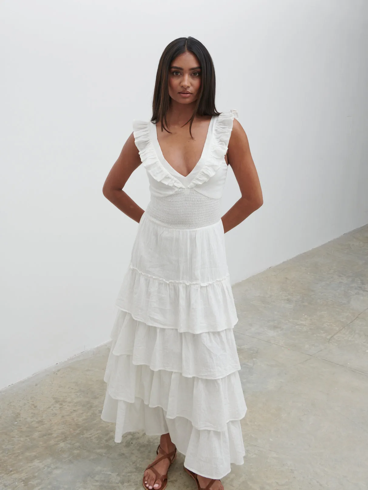 Opal Ruffle Midaxi Dress - Cream sold by Pretty Lavish