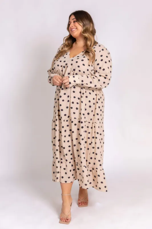 Curve Dotty Day Dress - Beige Polka Dot made by Pretty Lavish