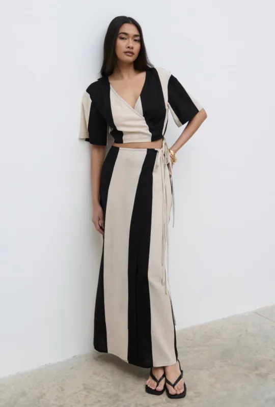 Chaya Printed Wrap Midaxi Skirt - Cream and Black sold by Pretty Lavish