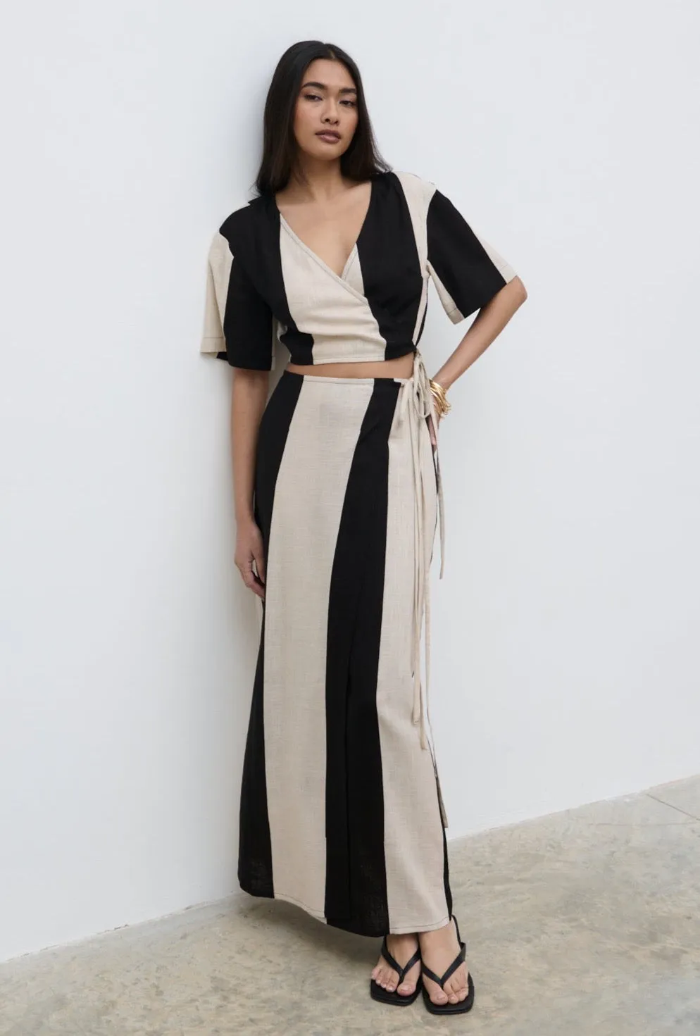Chaya Printed Wrap Midaxi Skirt - Cream and Black sold by Pretty Lavish