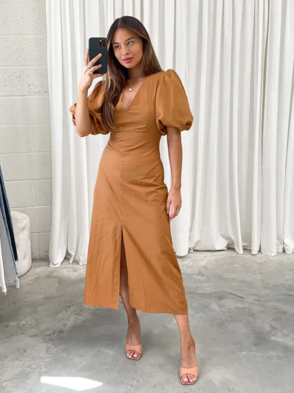 Alara Puff Sleeve Dress - Brown made by Pretty Lavish
