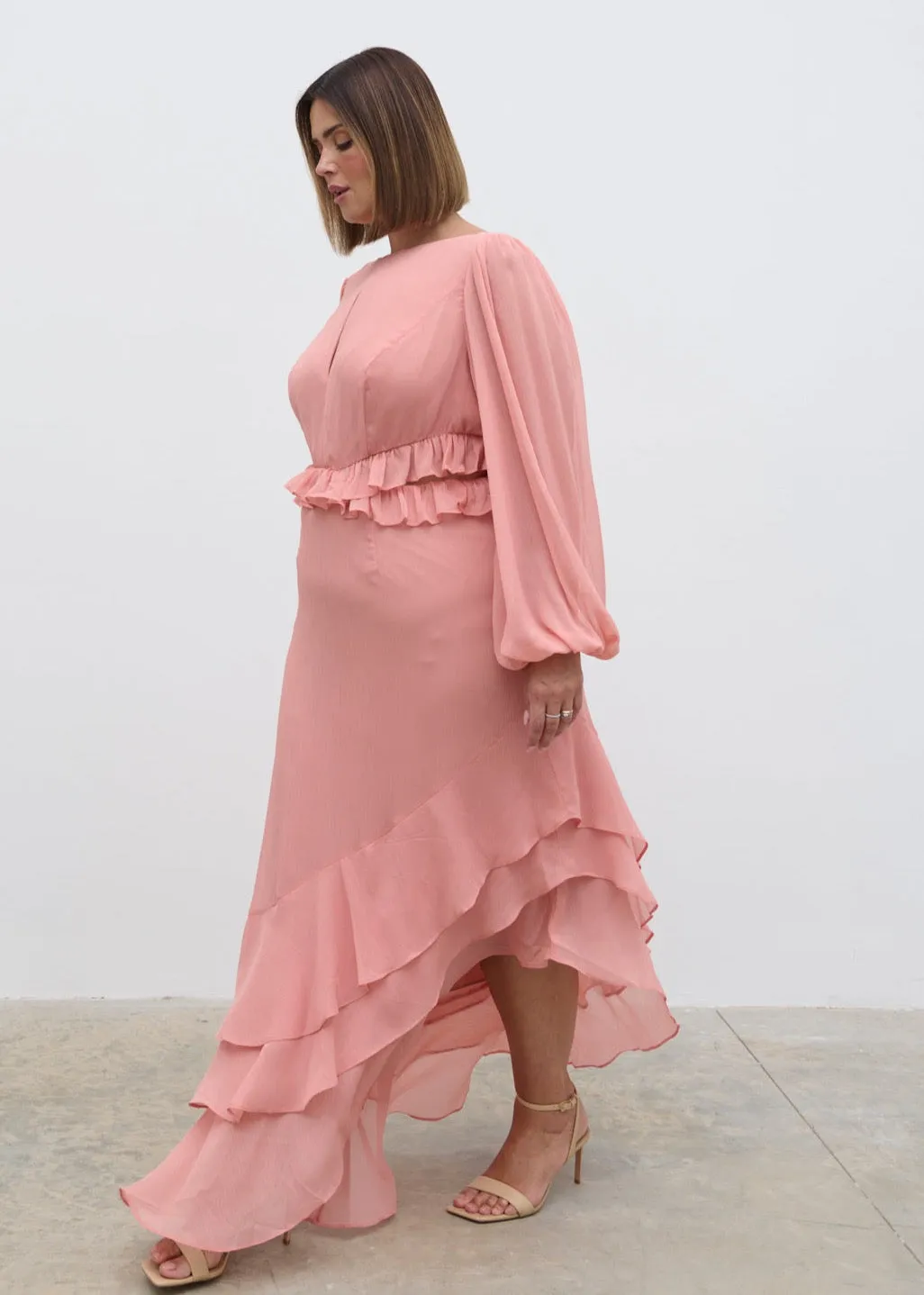 Adelina Cut Out Ruffle Maxi Dress Curve - Apricot Ice sold by Pretty Lavish product image thumbnail 2
