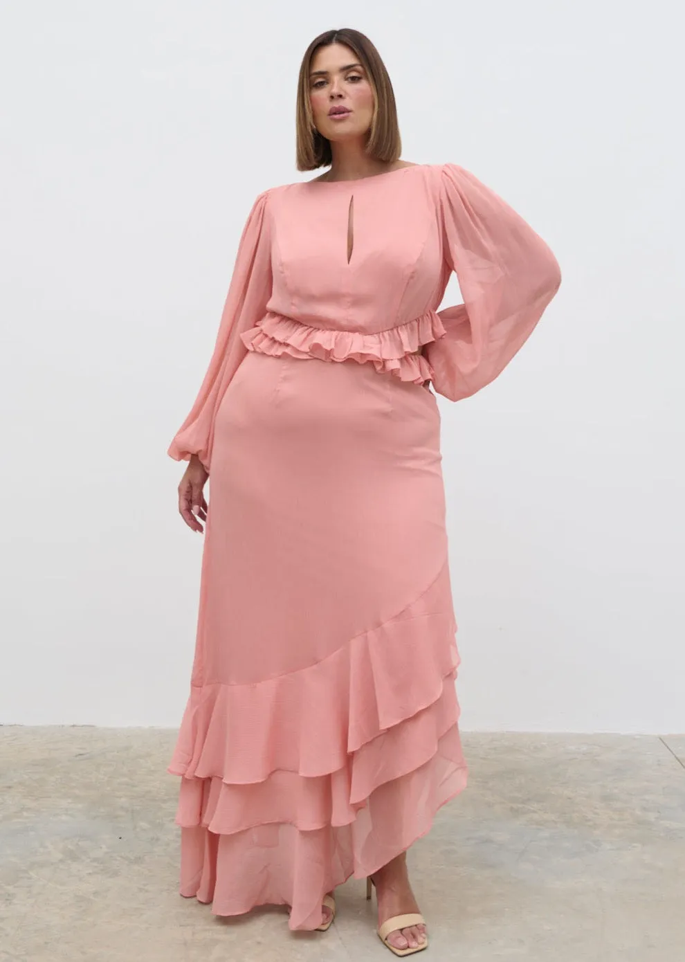 Adelina Cut Out Ruffle Maxi Dress Curve - Apricot Ice sold by Pretty Lavish