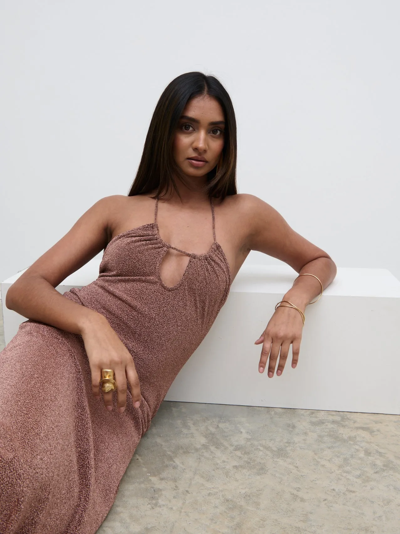 Myka Shimmer Jersey Slip Dress - Bronze Rose sold by Pretty Lavish