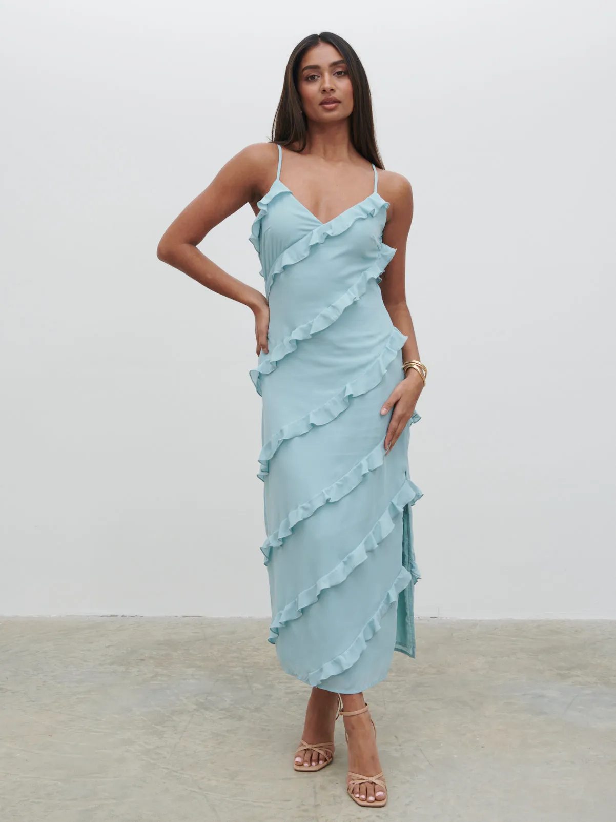 Nadine Ruffle Midaxi Dress - Seaspray sold by Pretty Lavish