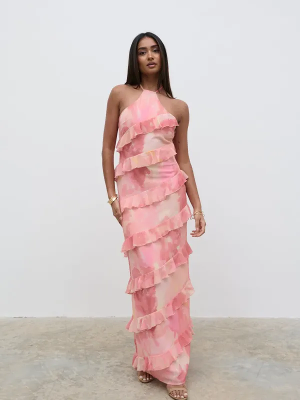 Katy Ruffle Maxi Dress - Dusky Rose Watercolour sold by Pretty Lavish