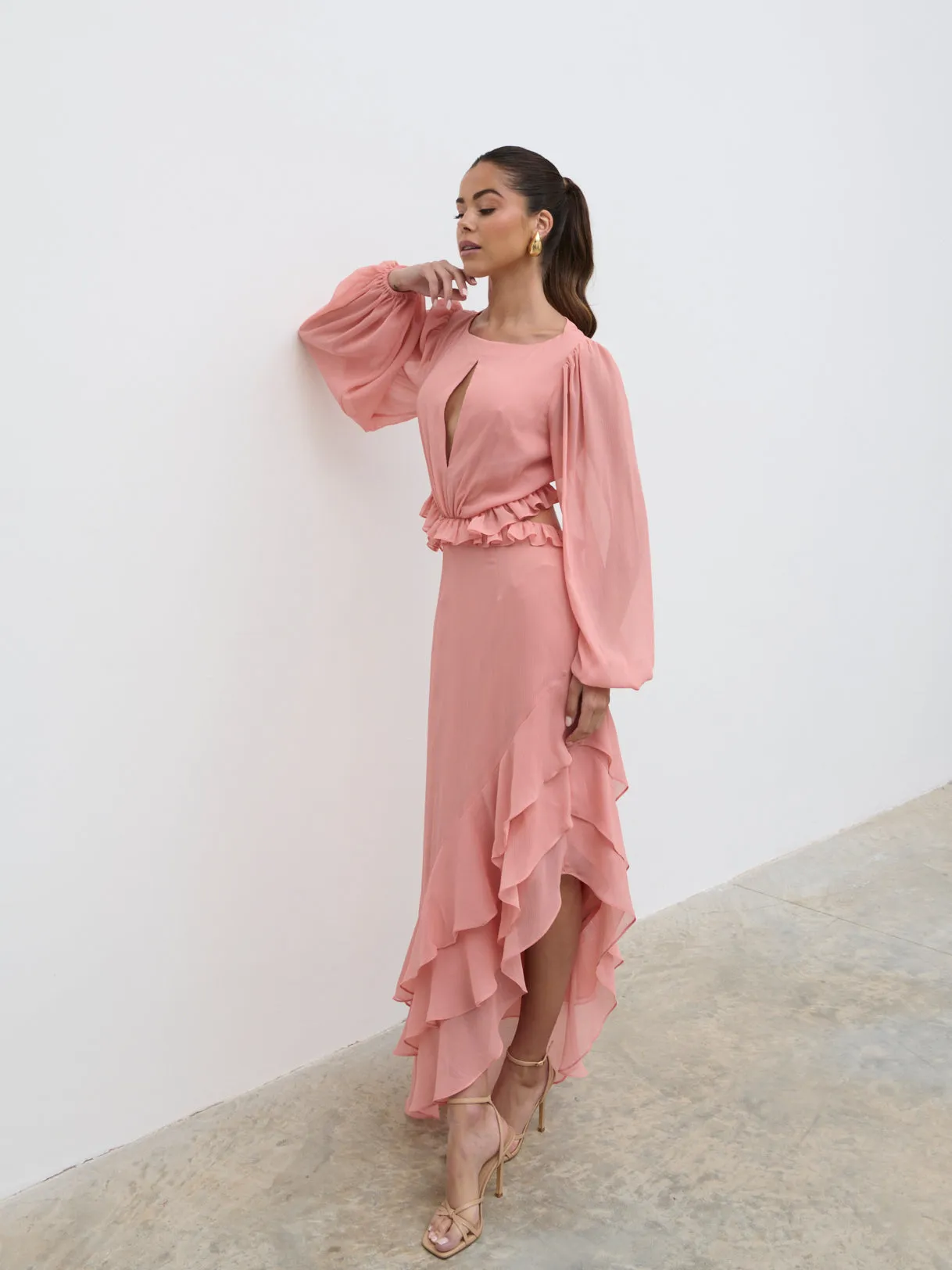 Adelina Cut Out Ruffle Maxi Dress - Apricot Ice sold by Pretty Lavish