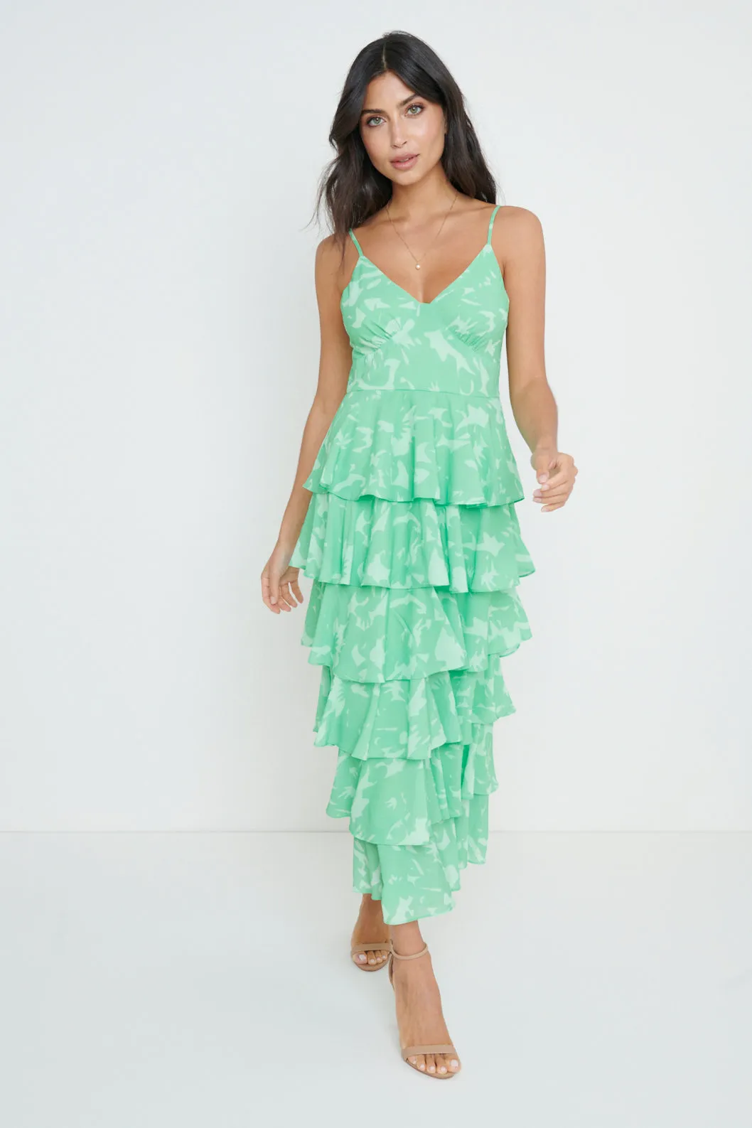 Lissy Ruffle Midaxi Dress - Green Floral sold by Pretty Lavish