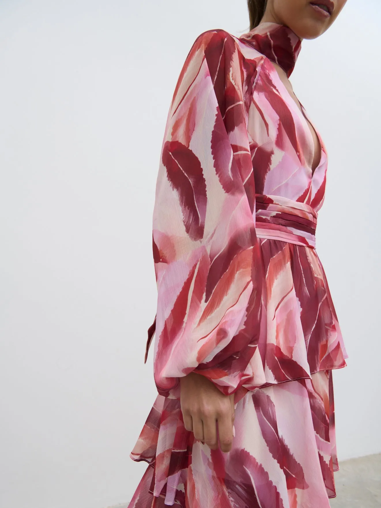 Anya Plunge Neck Ruffle Maxi Dress - Feather Print sold by Pretty Lavish product image thumbnail 3