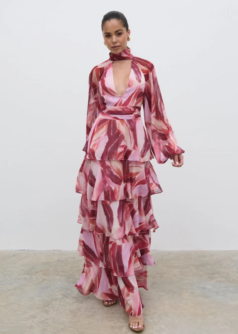 Anya Plunge Neck Ruffle Maxi Dress - Feather Print sold by Pretty Lavish