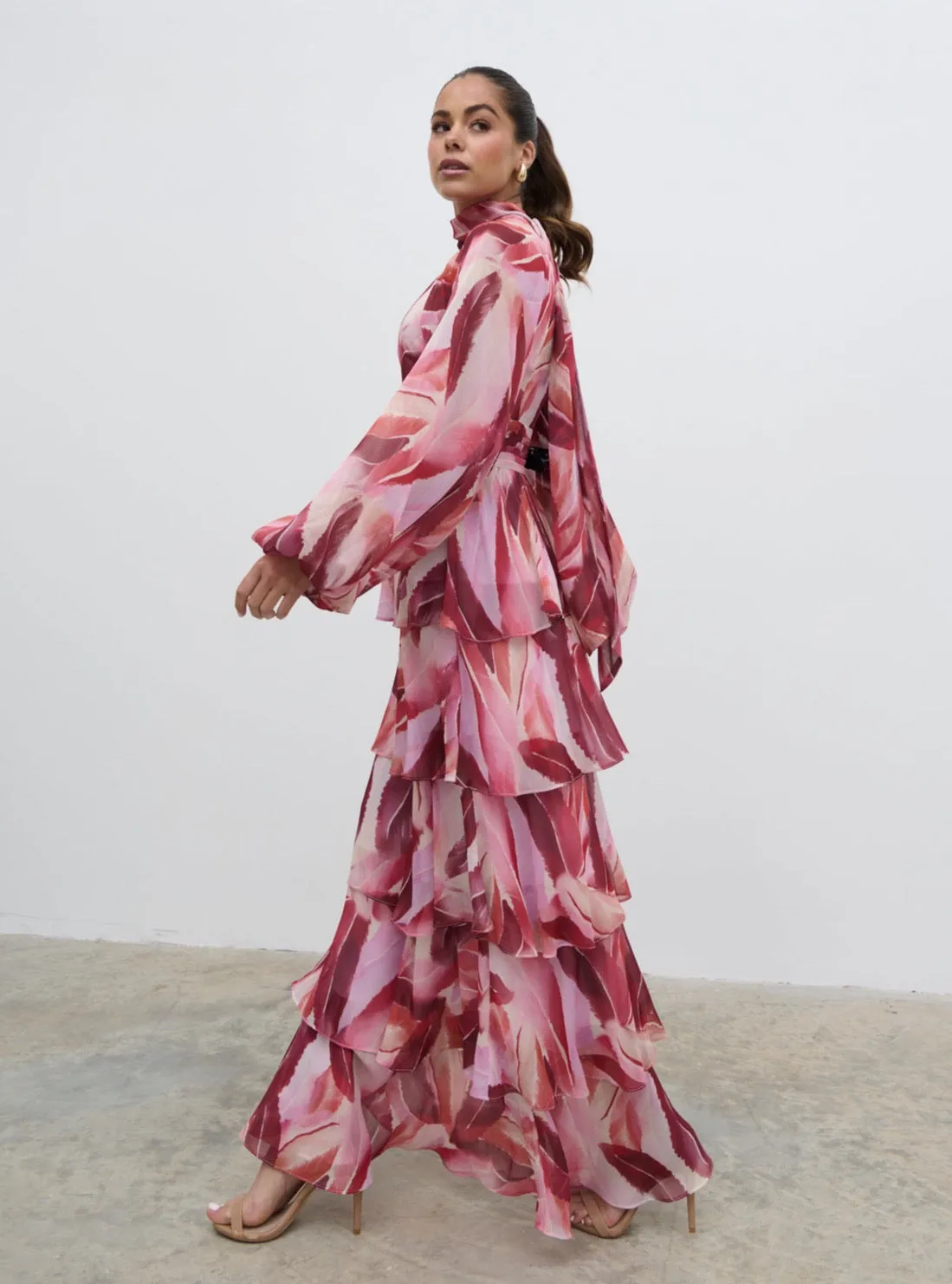 Anya Plunge Neck Ruffle Maxi Dress - Feather Print sold by Pretty Lavish product image thumbnail 2