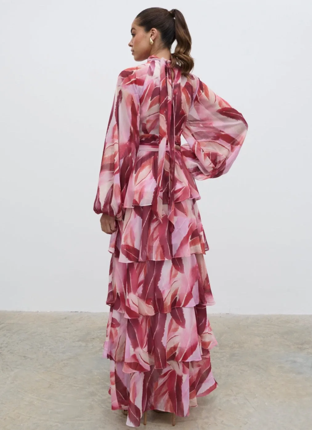Anya Plunge Neck Ruffle Maxi Dress - Feather Print sold by Pretty Lavish product image thumbnail 4