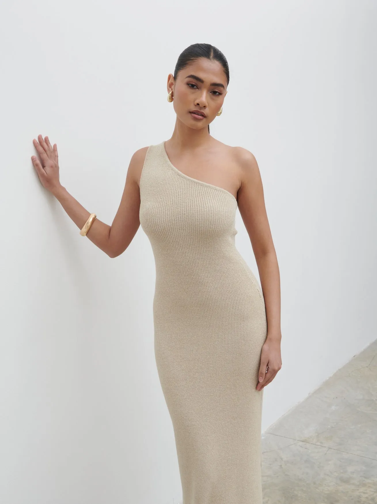 Juno One Shoulder Knit Maxi Dress - Oatmeal sold by Pretty Lavish product image thumbnail 4