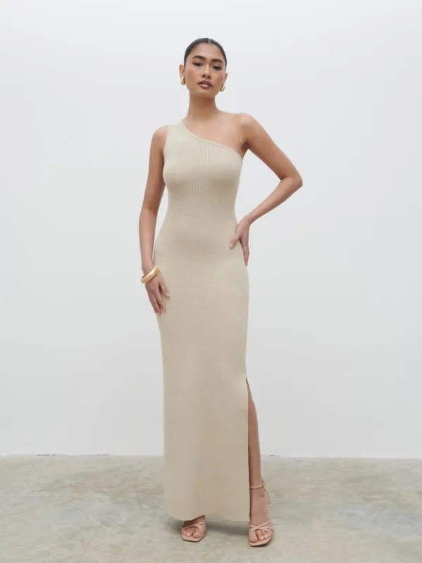 Juno One Shoulder Knit Maxi Dress - Oatmeal sold by Pretty Lavish