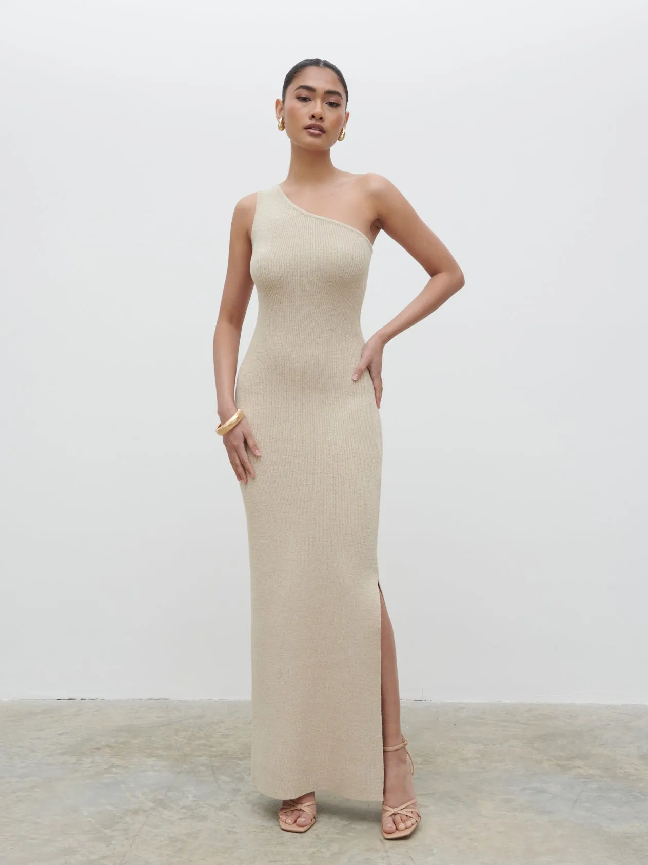 Juno One Shoulder Knit Maxi Dress - Oatmeal sold by Pretty Lavish