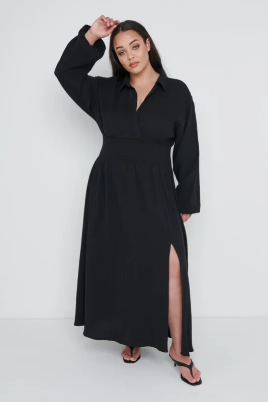 Loretta Shirred Midaxi Dress Curve - Black sold by Pretty Lavish