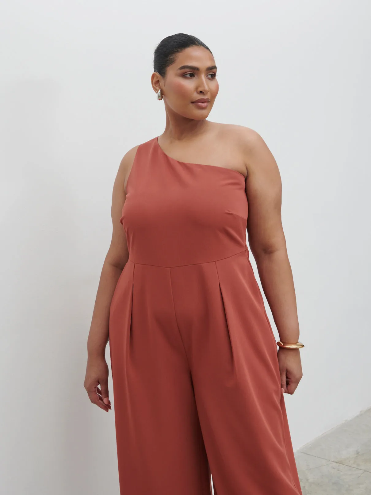 Natalie One Shoulder Jumpsuit Curve - Terracotta sold by Pretty Lavish product image thumbnail 2