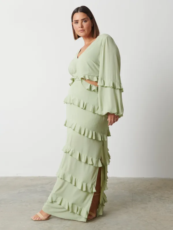 Evie Ruffle Maxi Dress Curve - Sage sold by Pretty Lavish