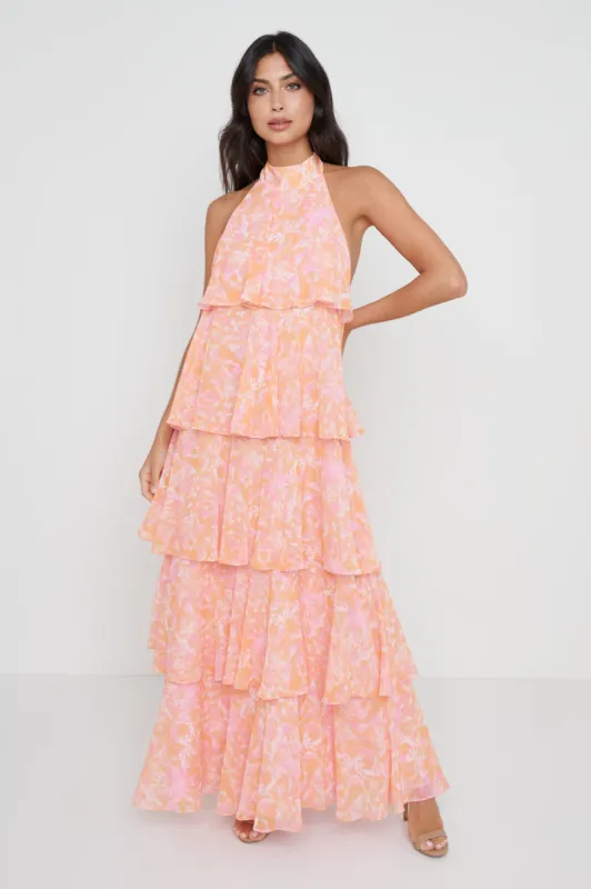 Thea Halter Neck Ruffle Dress - Pink and Orange Floral sold by Pretty Lavish