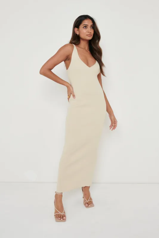 Lara Ribbed Midaxi Dress - Light Beige sold by Pretty Lavish