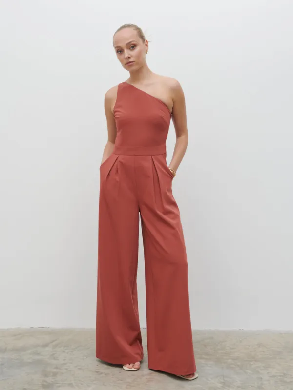 Natalie One Shoulder Jumpsuit - Terracotta sold by Pretty Lavish