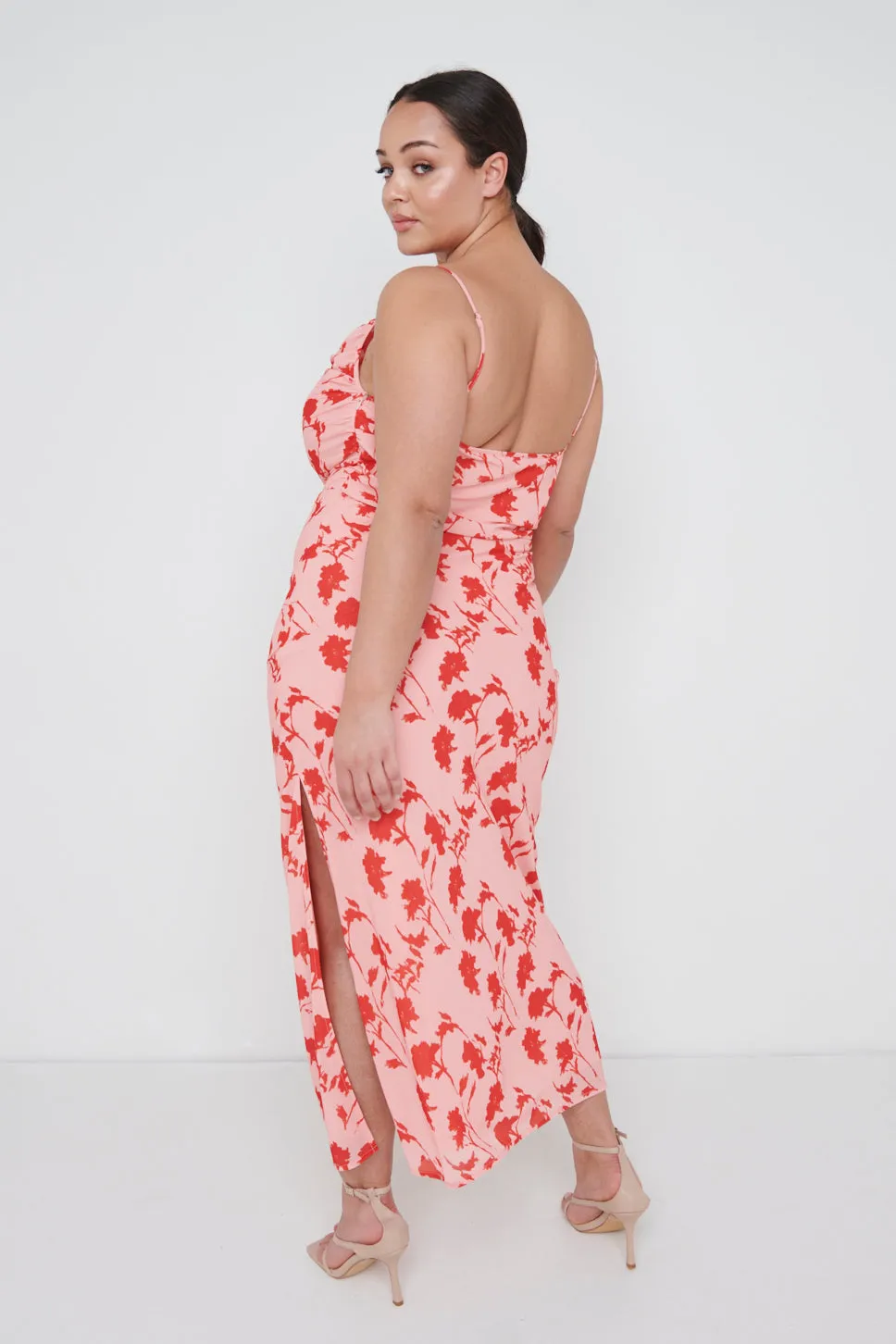 Keisha Ruched Midaxi Dress Curve - Pink and Red Floral sold by Pretty Lavish product image thumbnail 4