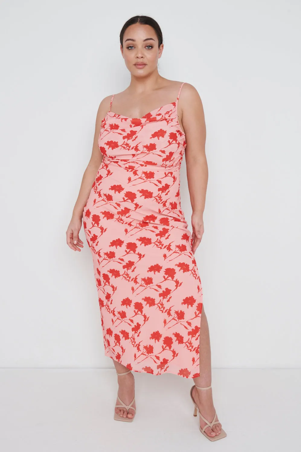 Keisha Ruched Midaxi Dress Curve - Pink and Red Floral sold by Pretty Lavish