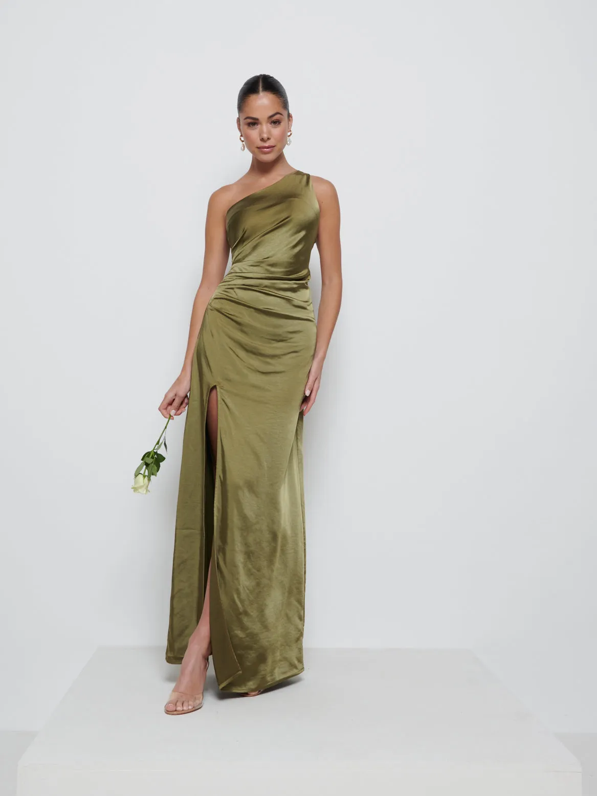 Amelia Ruched Maxi Bridesmaid Dress - Dark Olive sold by Pretty Lavish